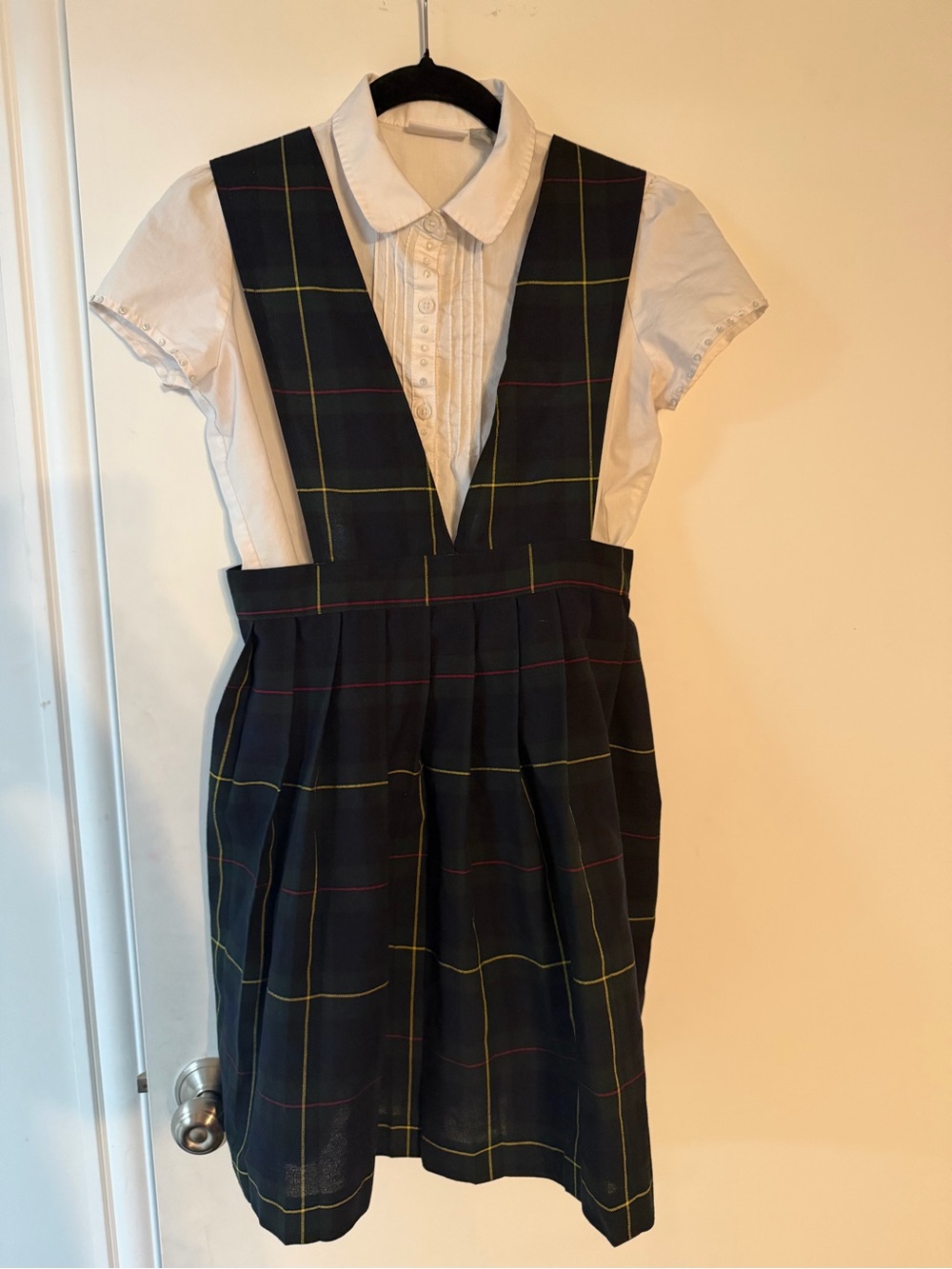 Girls School Uniform Navy Plaid Pinafore Dress with White Blouse